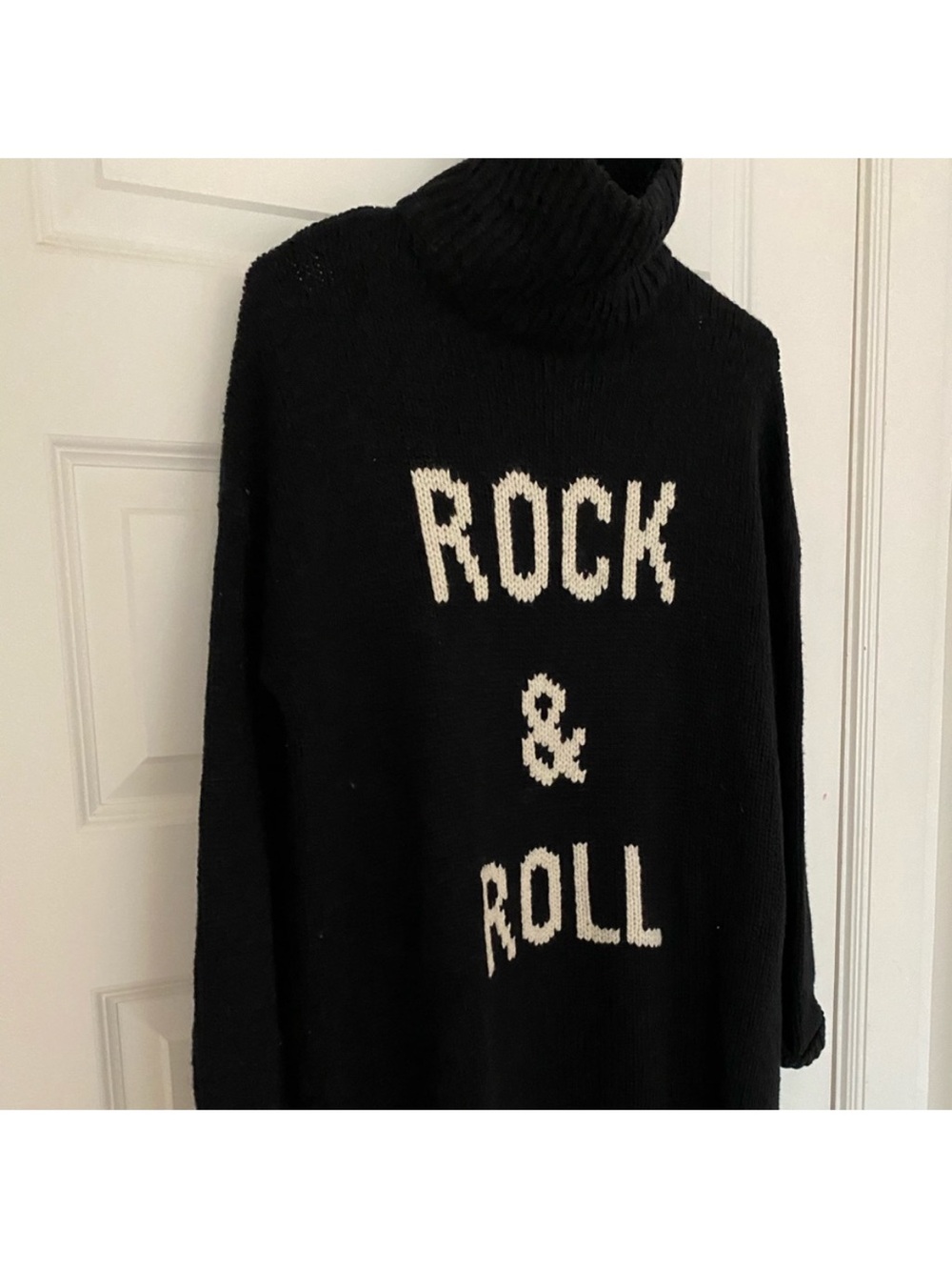 Zadig & Voltaire Black Turtleneck Sweater with White 'Rock & Roll' Intarsia